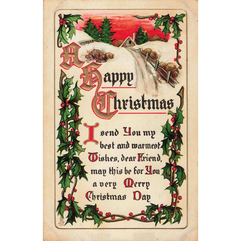 Antique Raphael Tuck & Sons Christmas Postcard Holly Landscapes 530 1912 Stamp